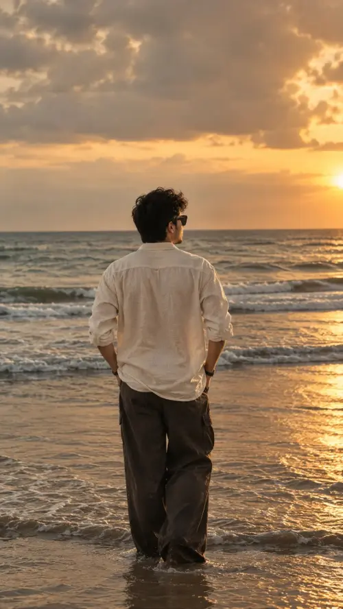A cinematic, realistic, high-resolution photograph of a young man standing on the beach shore, facing the ocean — AI Photo Editing Prompt on Faymas
