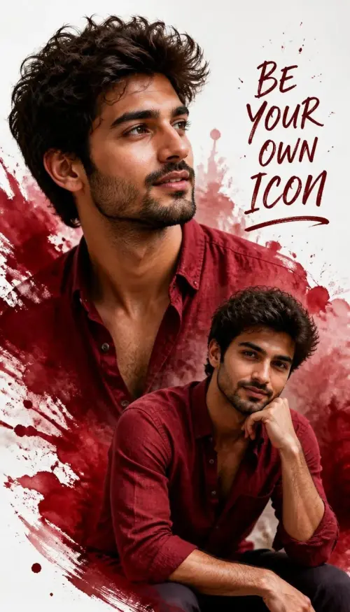 A refined double portrait with expressive burgundy ink splashes and sophisticated fashion styling — AI Photo Editing Prompt on Faymas
