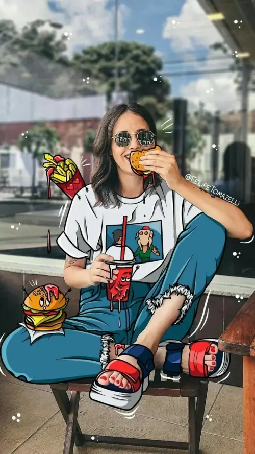 Cartoon Foodie Girl – Real Life Meets Doodle Art 🍔🥤✨ — AI Photo Editing Prompt on Faymas