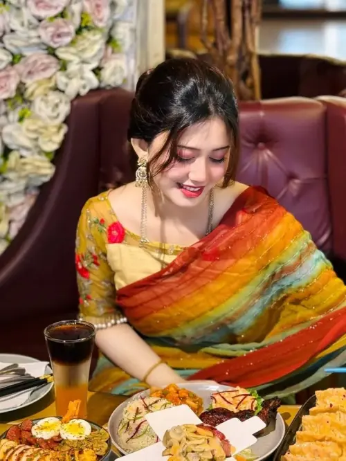 Elegant Multicolor Saree Dining Portrait — AI Photo Editing Prompt on Faymas