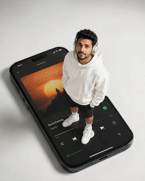 Forced Perspective iPhone Portrait AI Prompt | Cinematic Spotify Editorial Photography — AI Photo Editing Prompt on Faymas