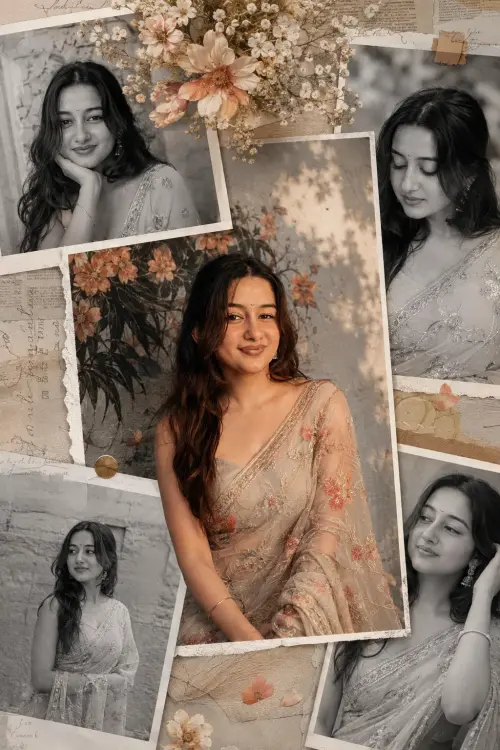 Vintage Floral Portrait Collage with Elegant Traditional Fashion — AI Photo Editing Prompt on Faymas