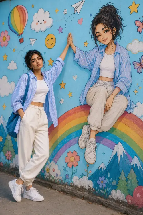 Anime Mural Portrait AI Prompt | Cinematic Full-Body Editorial with Chibi Wall Art — AI Photo Editing Prompt on Faymas