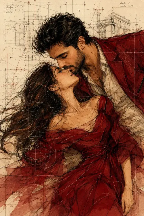 Architectural Romance Couple Illustration AI Prompt | Red Ink Fashion Concept Art — AI Photo Editing Prompt on Faymas
