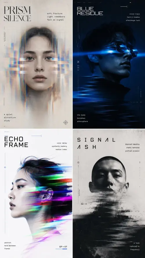 Experimental Editorial Portrait Collection AI Prompt | Prism, Glitch & Cinematic Poster Design — AI Photo Editing Prompt on Faymas
