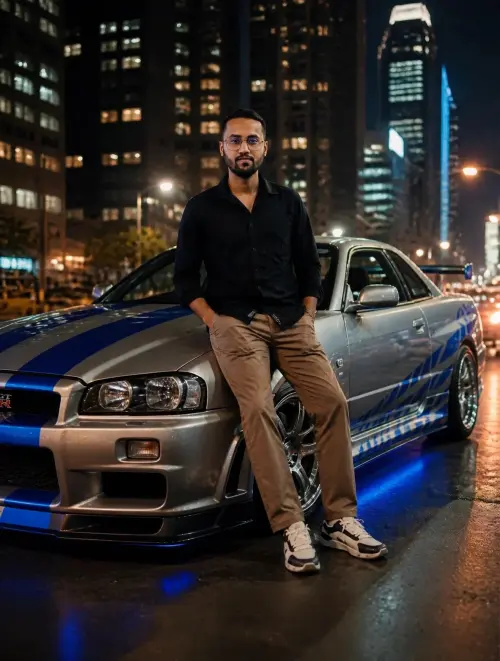 2000s Street Racing Fashion Portrait Cinematic prompt of a confident woman posed with a Nissan street-racing car, preser — AI Photo Editing Prompt on Faymas