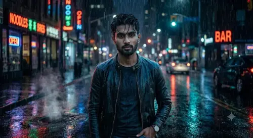 Cinematic portrait of handsome man, black leather jacket, — AI Photo Editing Prompt on Faymas
