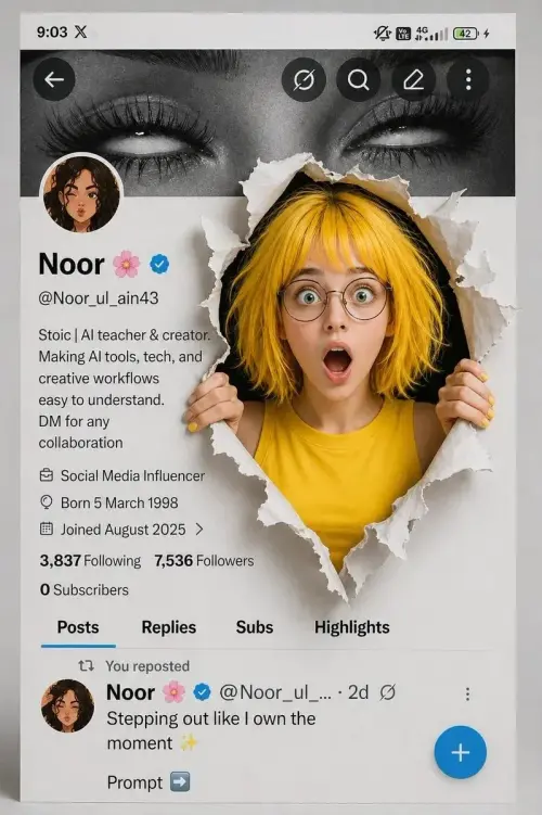 A Creative 3D Photo Manipulation of a Social Media Profile Interface Prompt for a creative 3D photo manipulation of a so — AI Photo Editing Prompt on Faymas