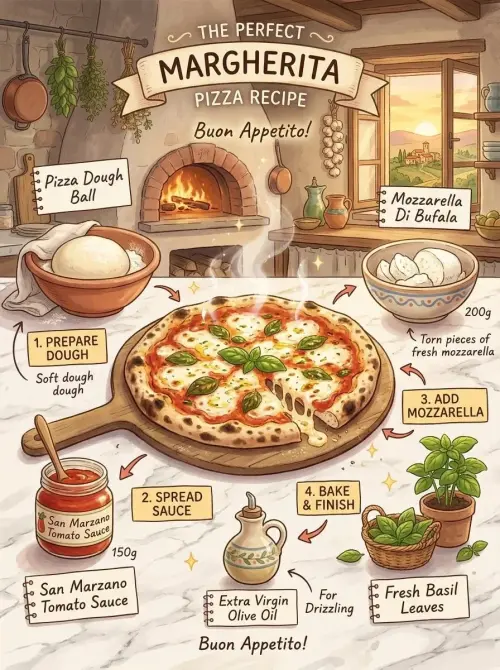 Margherita Pizza Recipe Infographic, Studio Ghibli Inspired Illustration Generate an infographic prompt featuring marghe — AI Photo Editing Prompt on Faymas