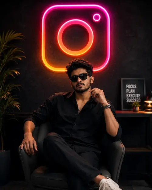Instagram Neon Studio Portrait – Front Camera Angle — AI Photo Editing Prompt on Faymas