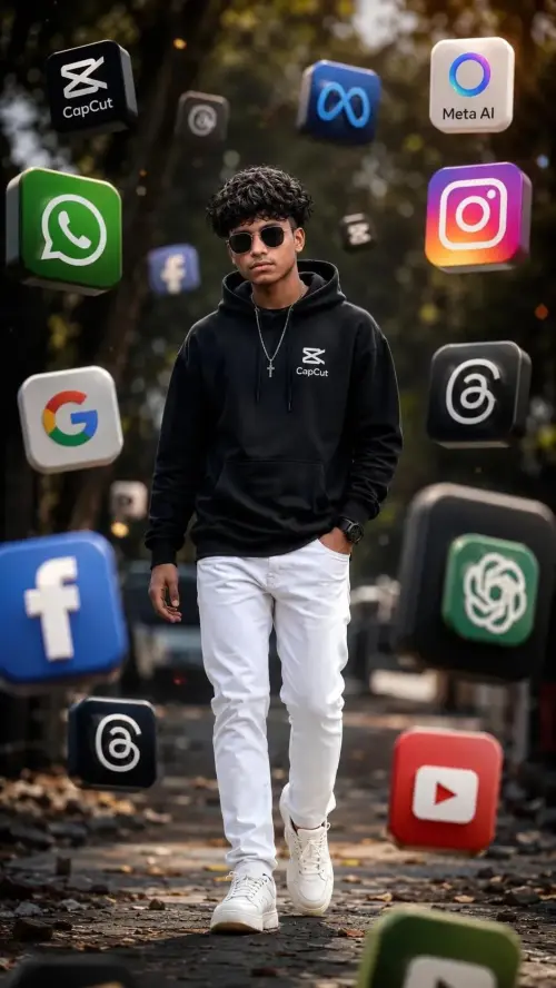 Boy Walking with Floating 3D Social Media Icons AI Prompt — AI Photo Editing Prompt on Faymas