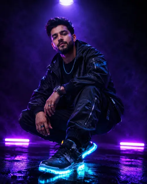 Cyberpunk Crouching Portrait AI Prompt | Neon Streetwear Editorial Fashion Photography — AI Photo Editing Prompt on Faymas