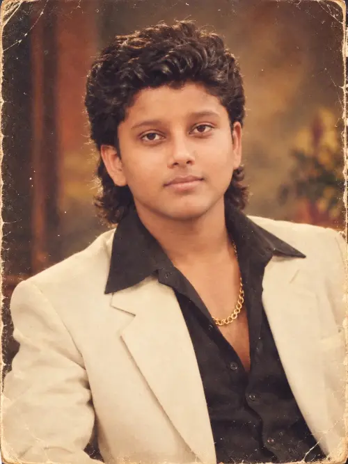 Authentic 1980s vintage Indian studio portrait of the same man, preserving his exact facial features, identity, face sha — AI Photo Editing Prompt on Faymas