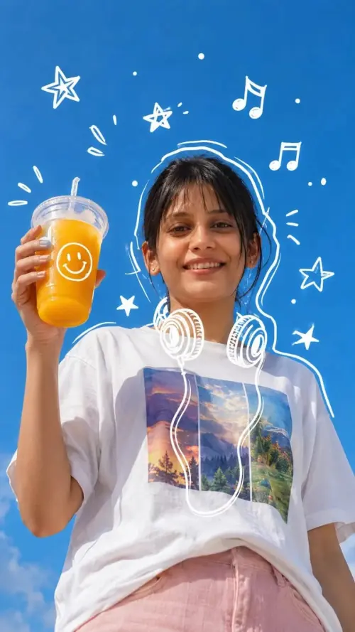 Music Vibes – Fresh Summer Doodle ✨🎧🥤 — AI Photo Editing Prompt on Faymas