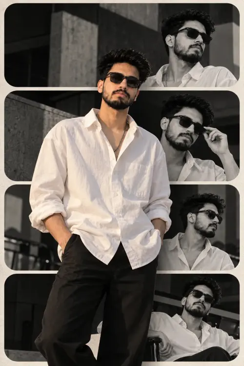 Stylish Men’s Fashion Collage | Black and White Editorial Portrait — AI Photo Editing Prompt on Faymas