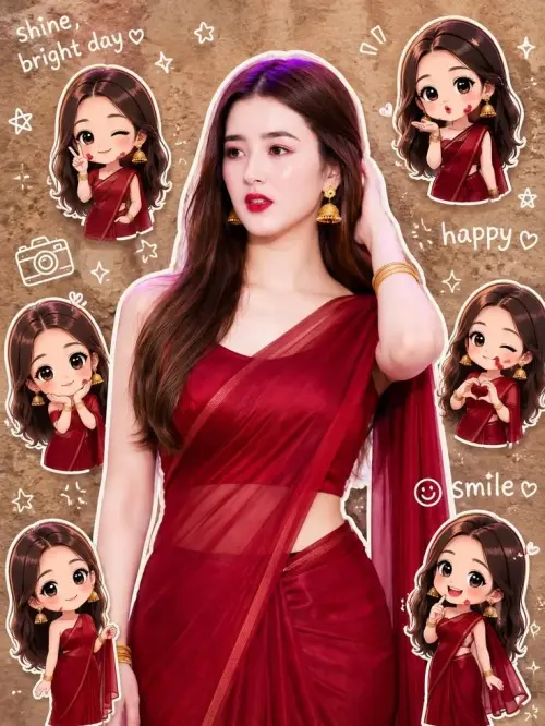 Crimson Saree Chibi Dream ✨ — AI Photo Editing Prompt on Faymas
