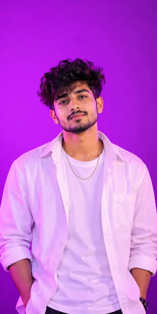 Purple Neon Boy Portrait 💜 | AI Photo Prompt & Instagram DP Ideas — AI Photo Editing Prompt on Faymas