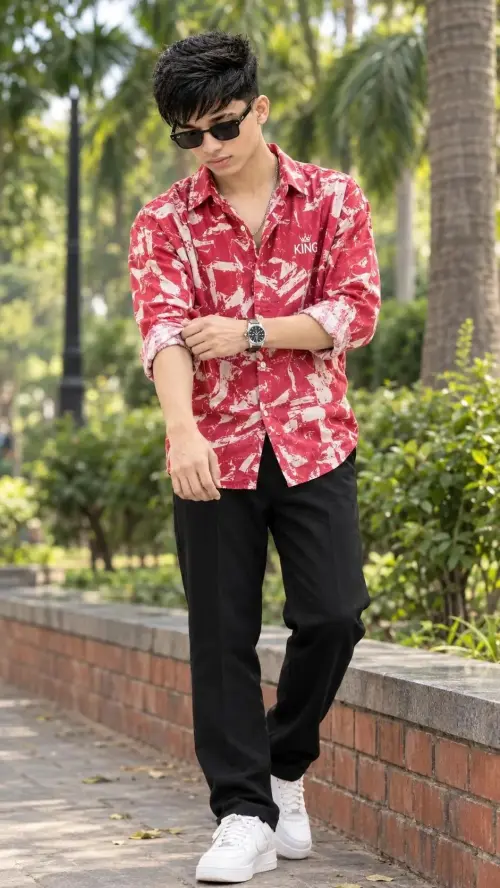 Young Man in Red Patterned Shirt Adjusting Sleeve in Park — AI Photo Editing Prompt on Faymas