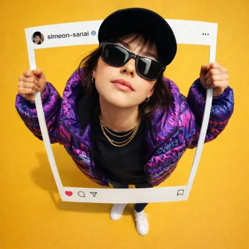 Dynamic Top-Down Fisheye Female Portrait with Giant Instagram Cutout Frame Prompt — AI Photo Editing Prompt on Faymas