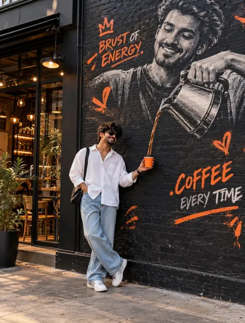 Coffee From the Wall ☕🧡 — AI Photo Editing Prompt on Faymas
