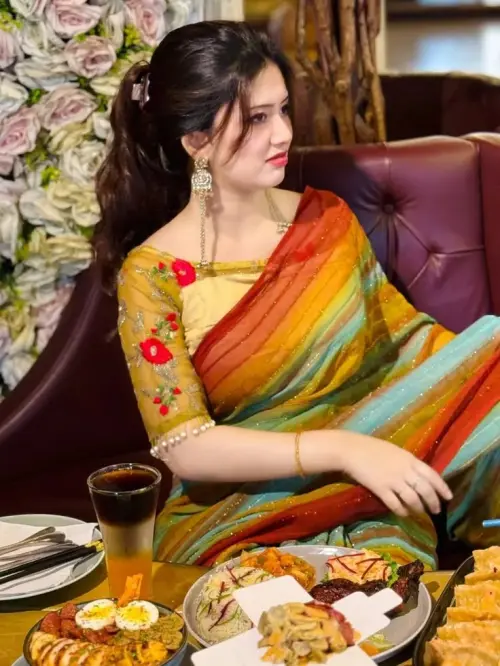 Elegant Indian Saree Dining Portrait | Luxury Restaurant Look — AI Photo Editing Prompt on Faymas