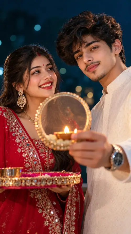 Beautiful Karwa Chauth Couple Portrait with Glowing Diya & Traditional Channi Ritual ❤️🌙 — AI Photo Editing Prompt on Faymas