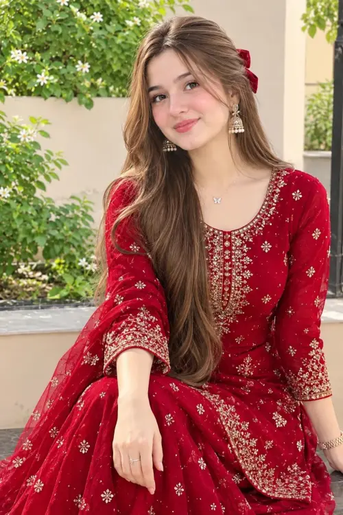 Elegant Red Glamour – Pakistani Influencer Style — AI Photo Editing Prompt on Faymas