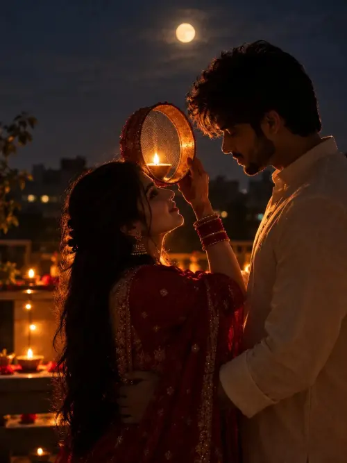 Karwa Chauth Romantic Night Portrait | Glowing Diya and Moonlight — AI Photo Editing Prompt on Faymas