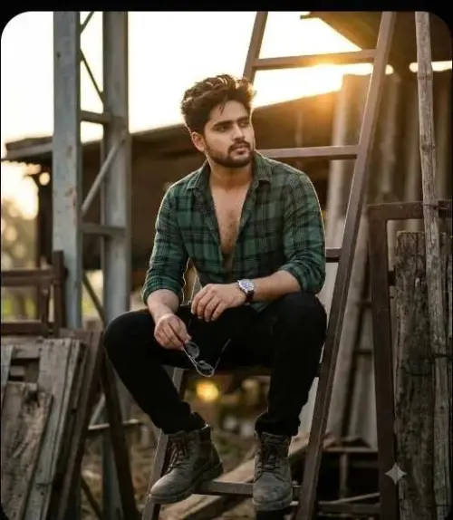 Rugged Sunset Portrait - Man Sitting on Ladder — AI Photo Editing Prompt on Faymas