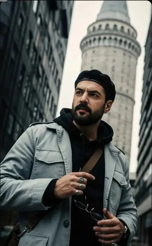 Urban Beret Look - Bearded Man with Tower Background — AI Photo Editing Prompt on Faymas