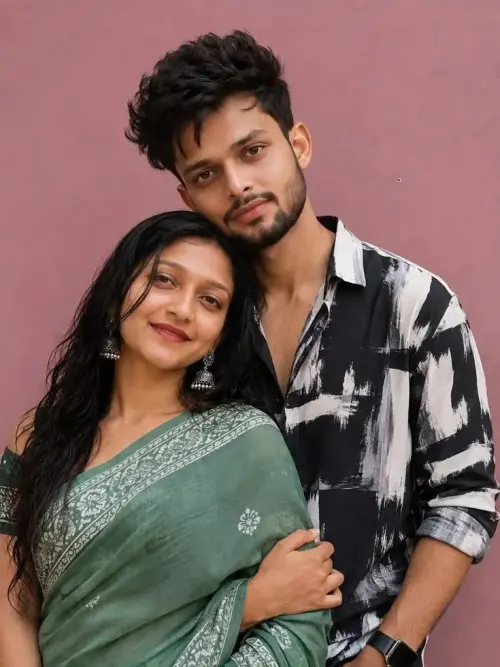 Candid Sunlit Portrait of Affectionate Young South Asian Couple with Head-on-Head Pose in Sage-Green Saree and Abstract — AI Photo Editing Prompt on Faymas