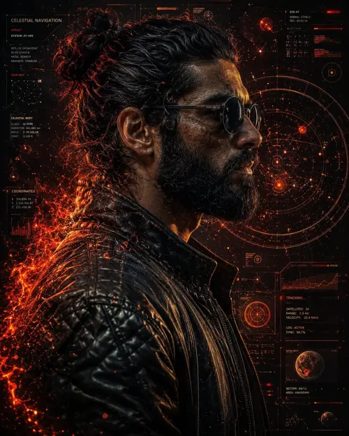 A cinematic side-profile portrait of a rugged man with a tied-back bun and full beard, wearing round dark sunglasses and — AI Photo Editing Prompt on Faymas