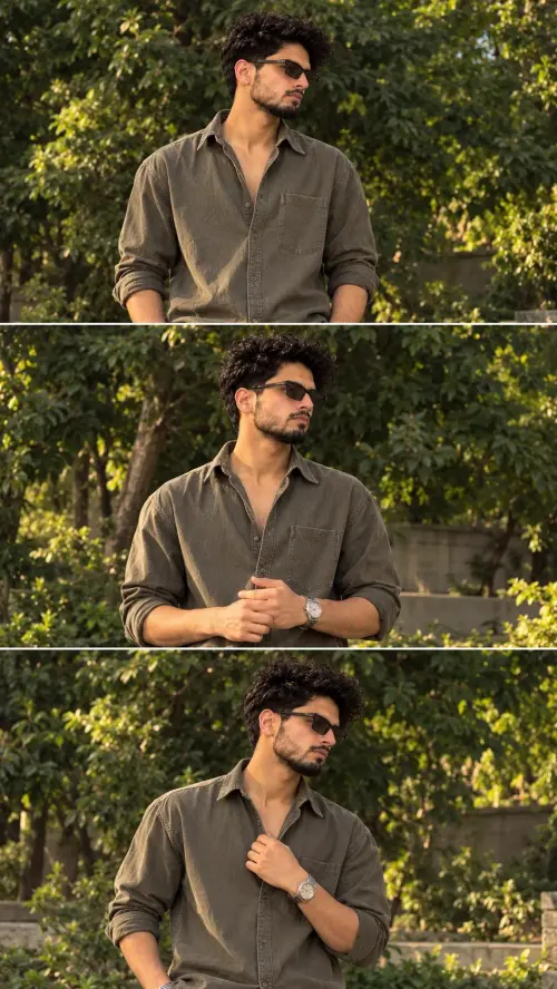 Realistic Outdoor Boy Portrait in Olive Shirt and Sunglasses — AI Photo Editing Prompt on Faymas