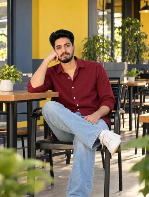 Maroon Shirt & Light Blue Jeans | Realistic Men's Café Photoshoot — AI Photo Editing Prompt on Faymas